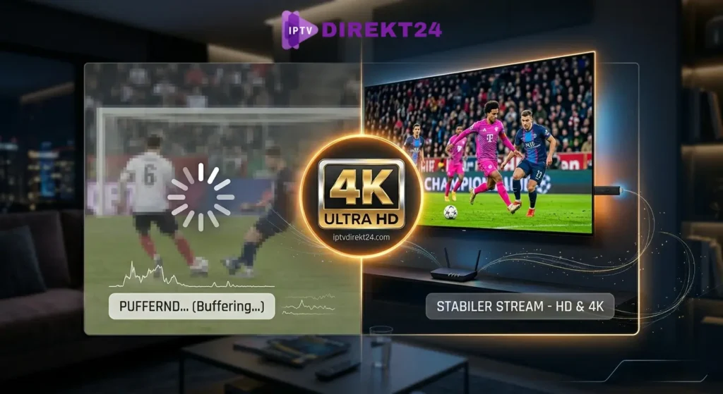 Vergleich zwischen verpixelter SD-Qualität mit Ladekreis und scharfem 4K-IPTV-Stream auf einem Fernseher.