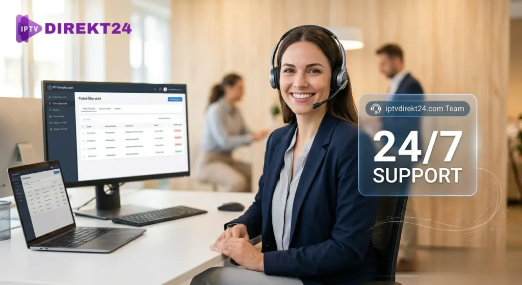 Eine lächelnde Support-Mitarbeiterin mit Headset vor einem Bildschirm mit dem iptvdirekt24.com Logo.