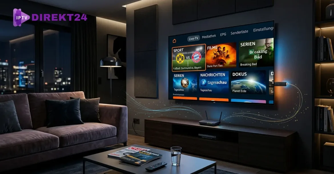 Ein moderner Fernseher mit IPTV-Interface und einem Amazon Fire TV Stick in einem stilvollen Wohnzimmer.