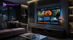 Ein moderner Fernseher mit IPTV-Interface und einem Amazon Fire TV Stick in einem stilvollen Wohnzimmer.