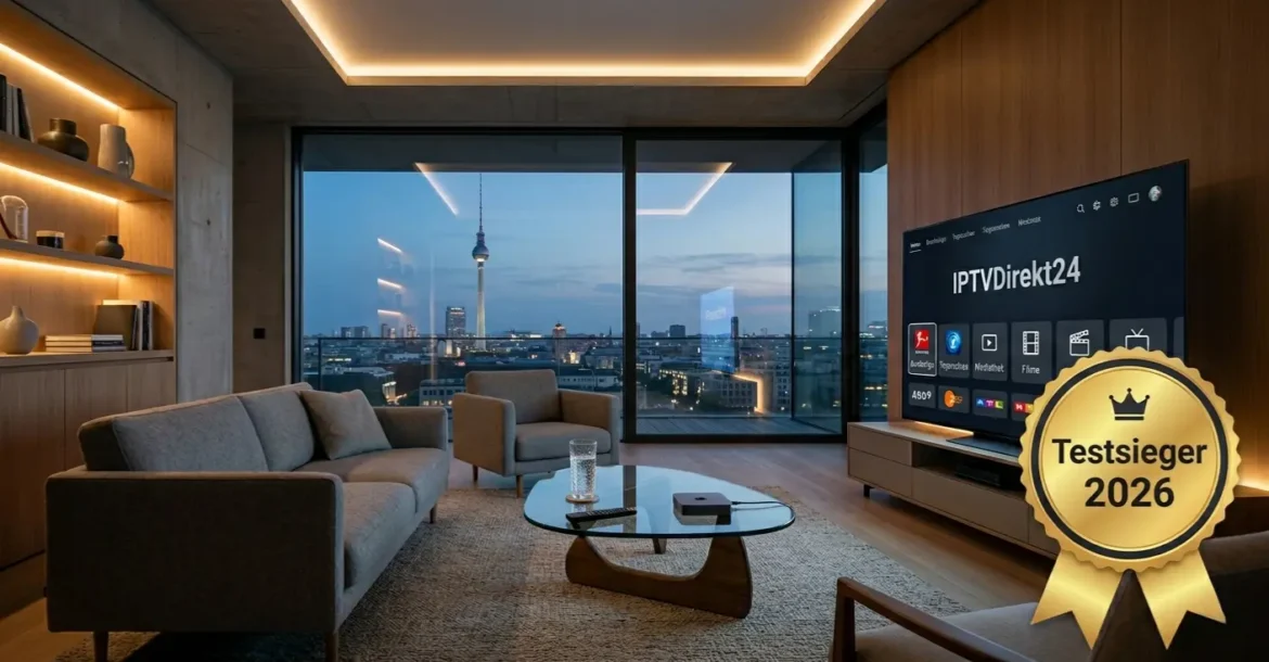 Ein luxuriöses Berliner Penthouse-Wohnzimmer bei Dämmerung mit Blick auf den Fernsehturm. Ein großer 85-Zoll-4K-TV zeigt das IPTVDirekt24-Interface mit deutschen Kategorien wie Bundesliga und Tagesschau. Ein goldenes "Testsieger 2026" Siegel ist sichtbar. Der Text "IPTV Anbieter Deutschland – Beste Anbieter & Vergleich" ist dezent in das Gesamtlayout integriert.