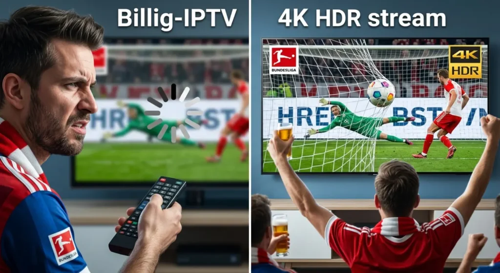 Ein geteilter Bildschirm zeigt links einen frustrierten Fan vor einem verpixelten, ladenden Stream (Ladekreis) während eines Elfmeters ("Billig-IPTV"). Rechts ein jubelnder Fan vor einem gestochen scharfen 4K-HDR-Stream des Tores ("Premium-IPTV"). Der Text "IPTV Anbieter Deutschland" ist subtil in das Gesamtlayout integriert.