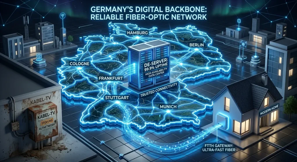 Eine glühende 3D-Karte von Deutschland, durchzogen von pulsierenden blauen Glasfaserleitungen. Im Zentrum steht ein Server-Rack mit der Aufschrift "DE-Server: 99.9% Uptime". Datenströme fließen flüssig in ein modernes deutsches Haus und umgehen eine verrostete Kabel-TV-Box. Der Text "IPTV Anbieter" ist subtil in das Gesamtlayout integriert.