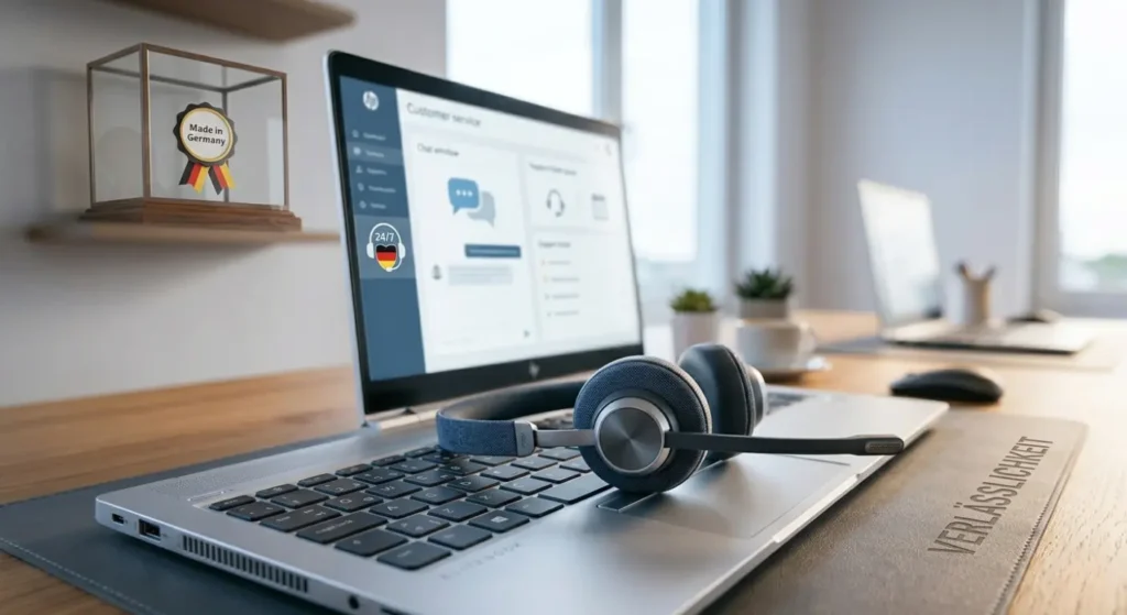 Ein modernes Headset auf einem Laptop mit einem dezenten "Made in Germany" Qualitätssiegel im Hintergrund.