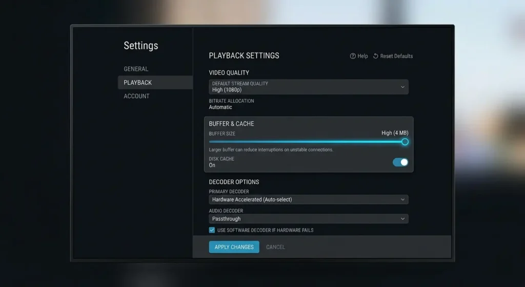IPTV App Einstellungen für Buffer und Videoqualität