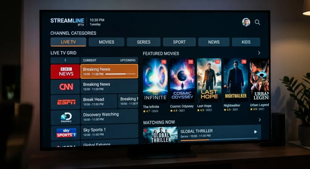 IPTV App Oberfläche mit Live-TV Sendern und Kategorien