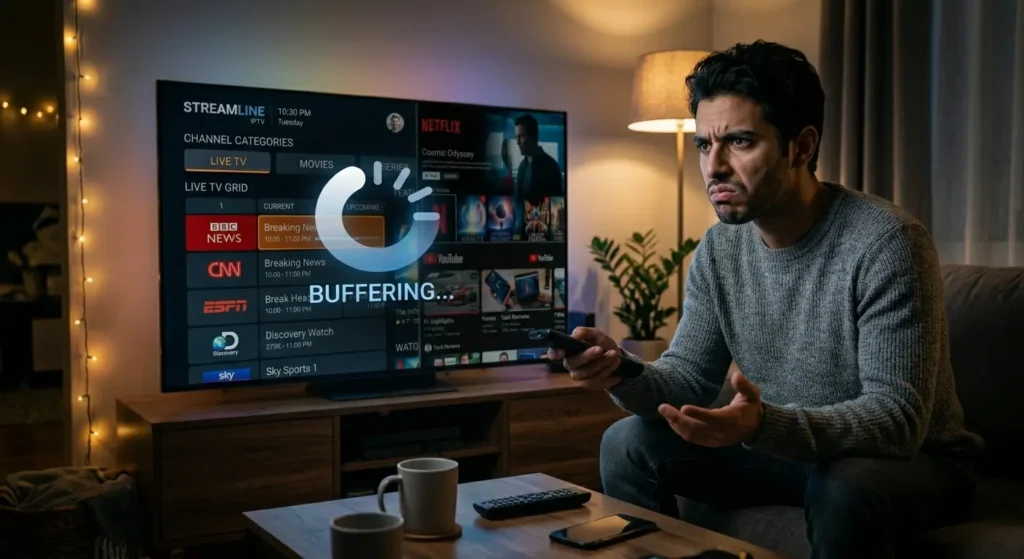 Person erlebt Buffering Problem beim IPTV Streaming auf Fernseher