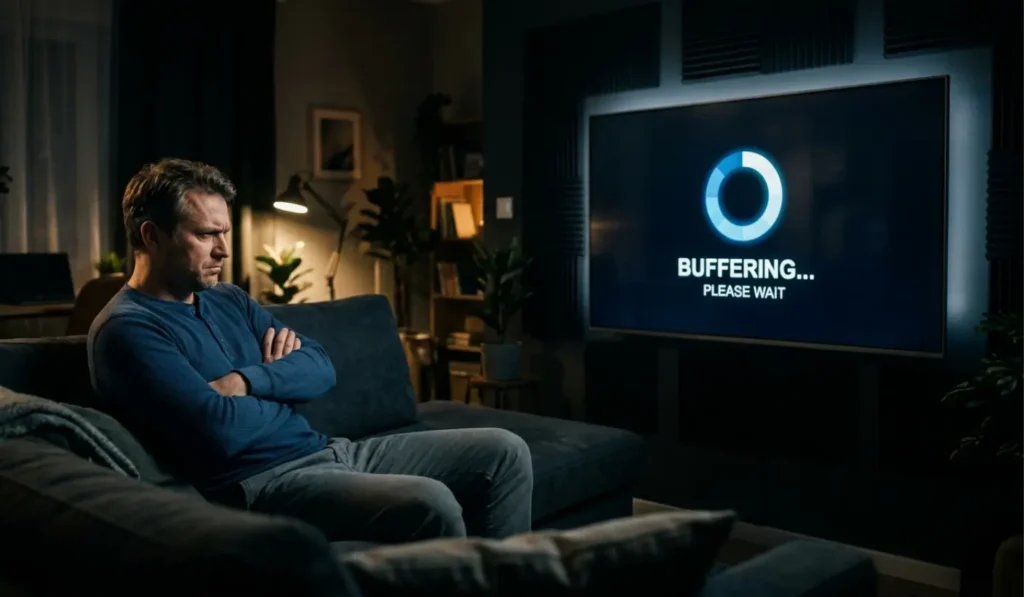 IPTV Buffering Problem lösen – Person vor TV mit Ladekreis beim Setting IPTV