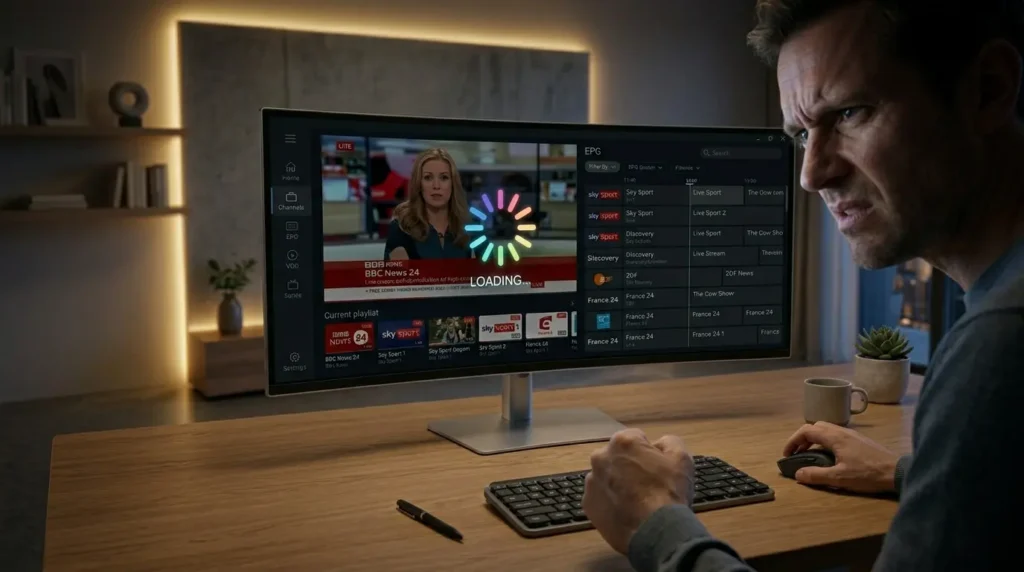 Fernseher zeigt Ladebildschirm und Buffering Problem beim IPTV Streaming
