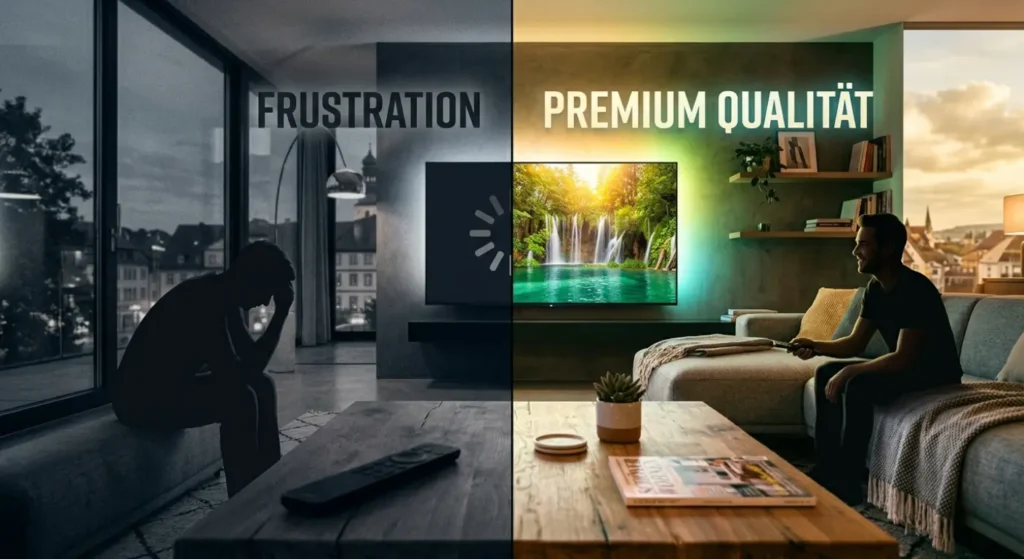 Ein Vergleich zwischen einem ruckelnden Stream mit Ladekreis und einem kristallklaren 4K-Naturbild.