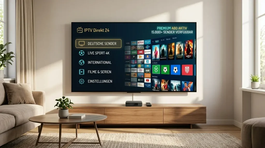 Ein heller Wohnraum mit einem TV, der das exklusive IPTV Direkt 24 Menü zeigt – Kategorien wie Deutsche Sender und Live Sport 4K sind sichtbar.