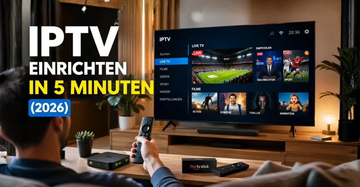 IPTV einrichten auf Smart TV in 5 Minuten – moderne Wohnzimmer Szene mit IPTV App, Live TV, Filme und Fire TV Stick