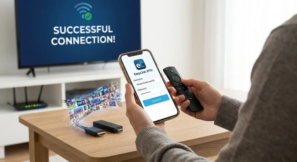 Nahaufnahme von Händen, die ein Smartphone mit einem IPTV-Login-Feld halten, daneben ein Fire TV Stick und eine Fernbedienung auf einem Tisch.