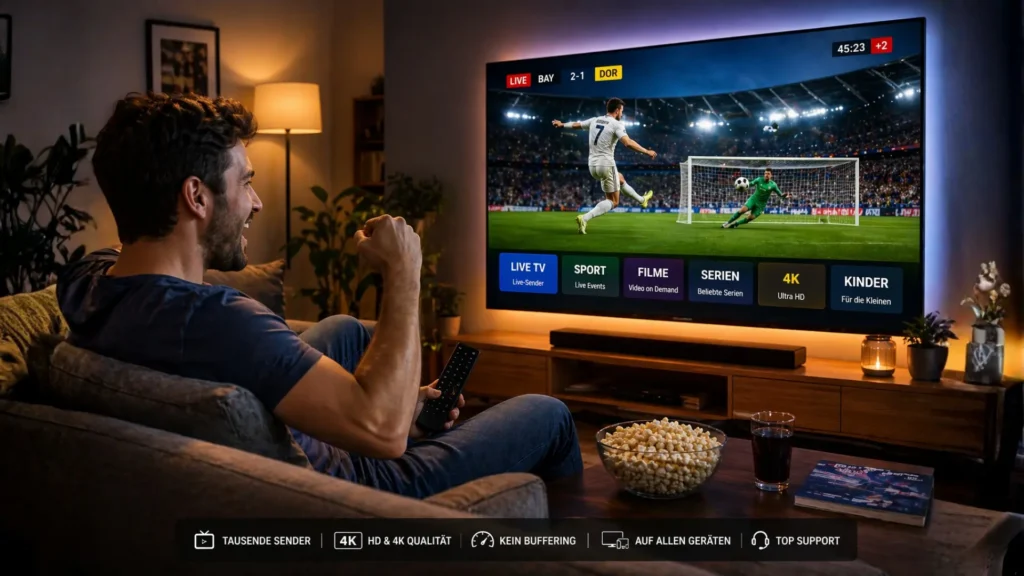Zufriedener Nutzer schaut Live Fußball über IPTV in HD Qualität ohne Unterbrechung