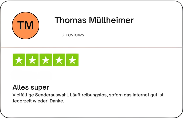 Positive Erfahrung von Thomas Müllheimer mit dem IPTV-Service: Vielfältige Senderauswahl und reibungsloses Streaming.