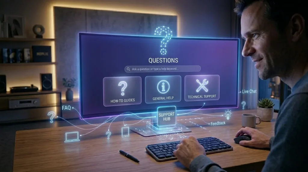 IPTV FAQ Bereich mit Fragen und Support Symbolen