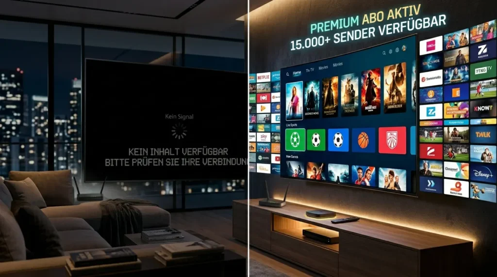 Links ein schwarzer TV mit "Kein Signal"; rechts ein bunter TV mit Tausenden Sendern und "Premium Abo Aktiv" Schriftzug.
