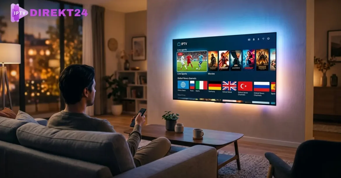 Eine entspannte Person sitzt abends auf dem Sofa und nutzt IPTV auf einem großen, rahmenlosen Smart TV.