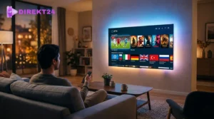 Eine entspannte Person sitzt abends auf dem Sofa und nutzt IPTV auf einem großen, rahmenlosen Smart TV.