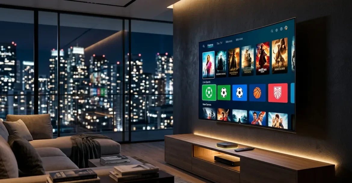 Ein modernes, gemütliches Wohnzimmer bei Nacht mit einem 65-Zoll-OLED-TV, der eine IPTV-Oberfläche mit Sport- und Film-Optionen zeigt.