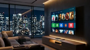 Ein modernes, gemütliches Wohnzimmer bei Nacht mit einem 65-Zoll-OLED-TV, der eine IPTV-Oberfläche mit Sport- und Film-Optionen zeigt.
