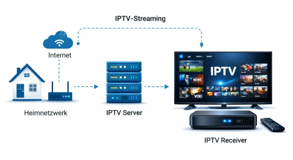 Diagramm wie IPTV Receiver über Internet mit Server verbunden ist