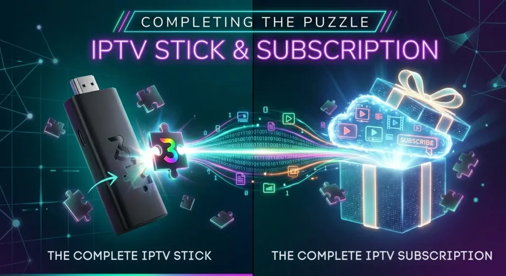 Eine 3D-Illustration, die zeigt, wie ein IPTV Stick und ein digitales Abonnement wie Puzzleteile zusammenfinden.