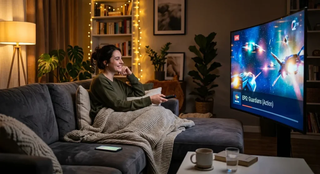 Person entspannt auf Sofa und schaut IPTV auf großem Fernseher