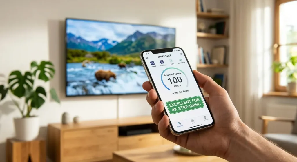 Eine Nahaufnahme einer Hand, die ein Smartphone hält, das eine Geschwindigkeitstest-App anzeigt. Das Ergebnis zeigt "100 Mbit/s" mit einem grünen "Exzellent für 4K-Streaming"-Badge. Ein TV mit einer Natur-Doku ist im Hintergrund verschwommen.