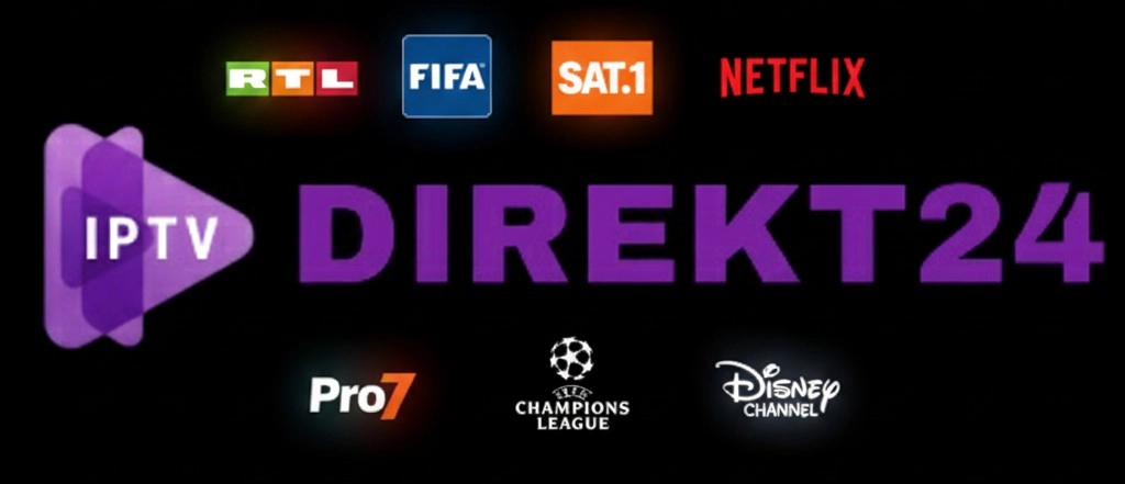 IPTV Direkt24 Logo in Lila auf schwarzem Hintergrund, umgeben von Logos bekannter Sender wie RTL, Sat.1, Netflix, Pro7, Champions League und Disney Channel.