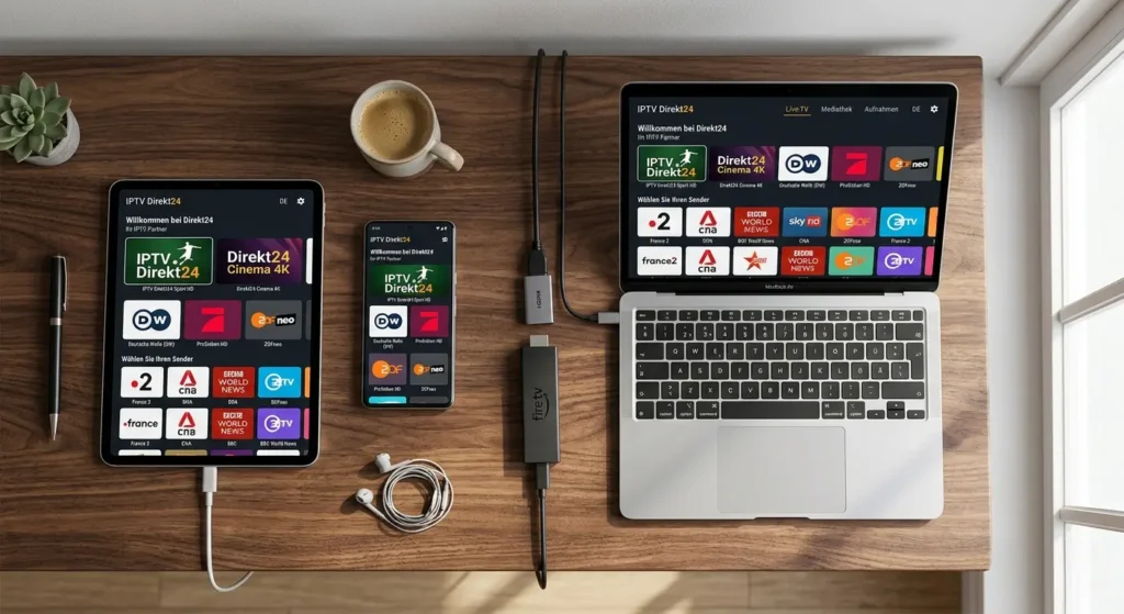 Ansicht von oben auf einen Schreibtisch mit iPad, Smartphone, Laptop und einem Fire TV Stick, die alle dasselbe Streaming-Interface zeigen.