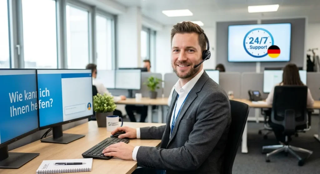 Ein professioneller, freundlicher Kundendienst-Mitarbeiter (Mann in den 30ern) mit einem eleganten Headset lächelt herzlich. Im Hintergrund zeigt ein digitaler Bildschirm ein "24/7 Support"-Icon mit einer prominenten deutschen Flagge. Der Text auf seinem Bildschirm ist auf Deutsch: "Wie kann ich Ihnen helfen?". Helle, moderne Büroatmosphäre.