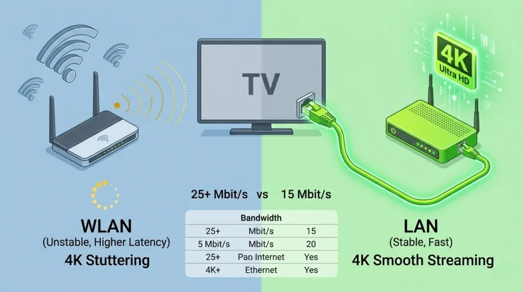 Infografik-Vergleich: Linke Seite zeigt instabiles WLAN mit Buffering-Symbol; rechte Seite zeigt stabiles LAN-Kabel mit 4K Ultra HD Logo.