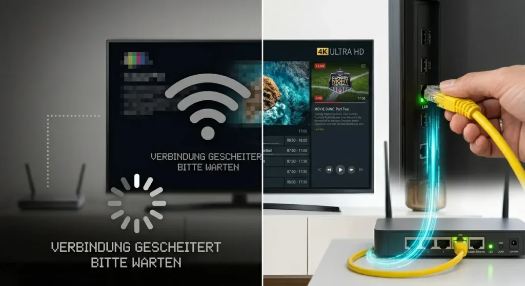 Ein geteilter visueller Vergleich: Links ein unscharfes Wi-Fi-Symbol mit einem "Buffering"-Icon auf einem TV, rechts ein leuchtend gelbes Ethernet (LAN)-Kabel, das in einen Anschluss eingerastet wird und ein kristallklares 4K-Bild auf dem Bildschirm anzeigt.