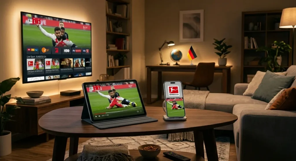 "Family of Devices"-Aufnahme. Ein Smart TV, ein Tablet und ein Smartphone, alle ordentlich auf einem Couchtisch arrangiert, zeigen gleichzeitig das gleiche Live-Fußballspiel. Eine deutsche Flagge ist subtil auf einem kleinen Schreibtisch-Accessoire im Hintergrund sichtbar.