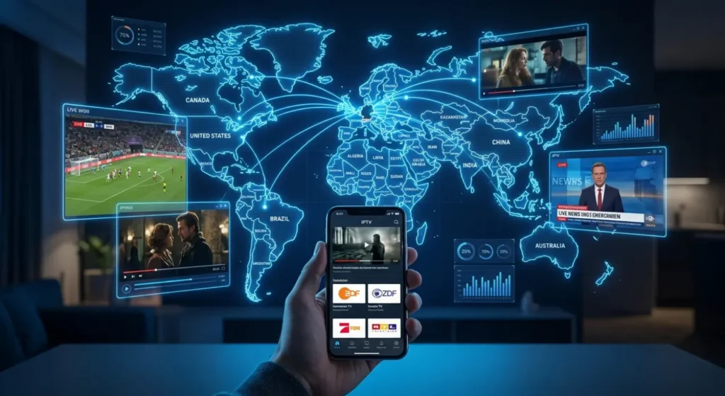 IPTV ohne Vertrag weltweit nutzen mit globalem Streaming und Verbindung über digitale Weltkarte
