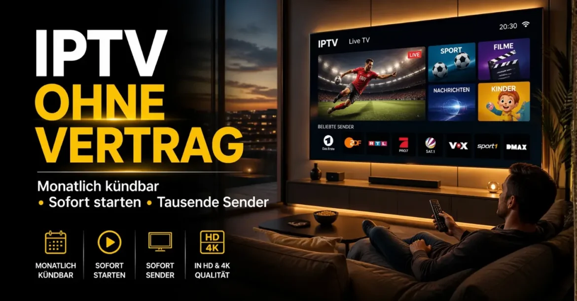 IPTV ohne Vertrag auf Smart TV im modernen Wohnzimmer mit Streaming in HD und 4K