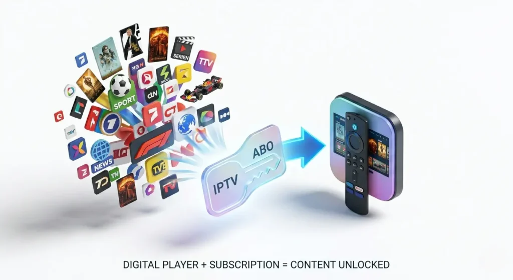 Eine isometrische 3D-Infografik, die auf der linken Seite ein elegantes Media-Player-Symbol zeigt, auf der rechten Seite eine 'IPTV ABO'-Schlüsselkarte und einen Pfeil, der anzeigt, wie ein Schlüssel eine massive Cloud aus farbenfrohen TV-Logos freischaltet.