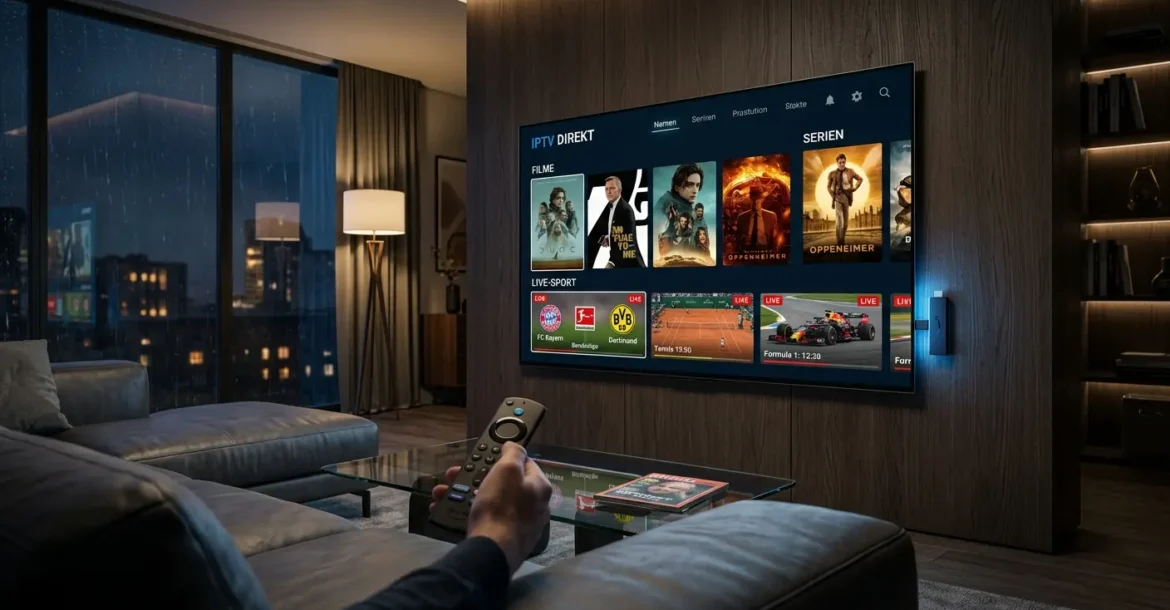 Ein moderner 4K-Fernseher zeigt einen IPTV Player Fire TV Stick mit der Benutzeroberfläche von IPTV DIREKT in einem stilvollen Wohnzimmer.