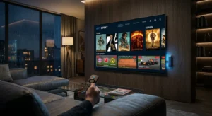 Ein moderner 4K-Fernseher zeigt einen IPTV Player Fire TV Stick mit der Benutzeroberfläche von IPTV DIREKT in einem stilvollen Wohnzimmer.