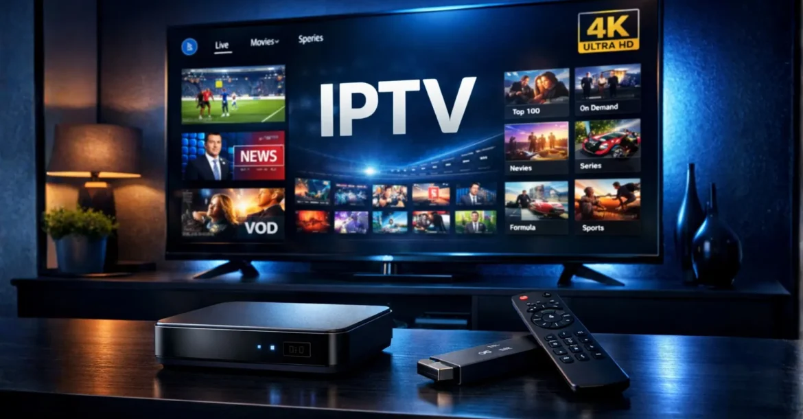 IPTV Receiver mit Smart TV und Streaming Oberfläche in modernem Wohnzimmer