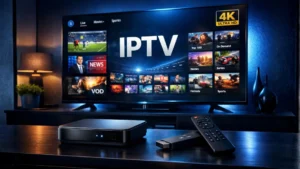 IPTV Receiver mit Smart TV und Streaming Oberfläche in modernem Wohnzimmer