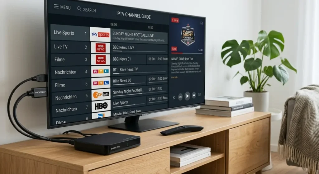 IPTV Receiver Gerät verbunden mit Fernseher und Streaming Anzeige