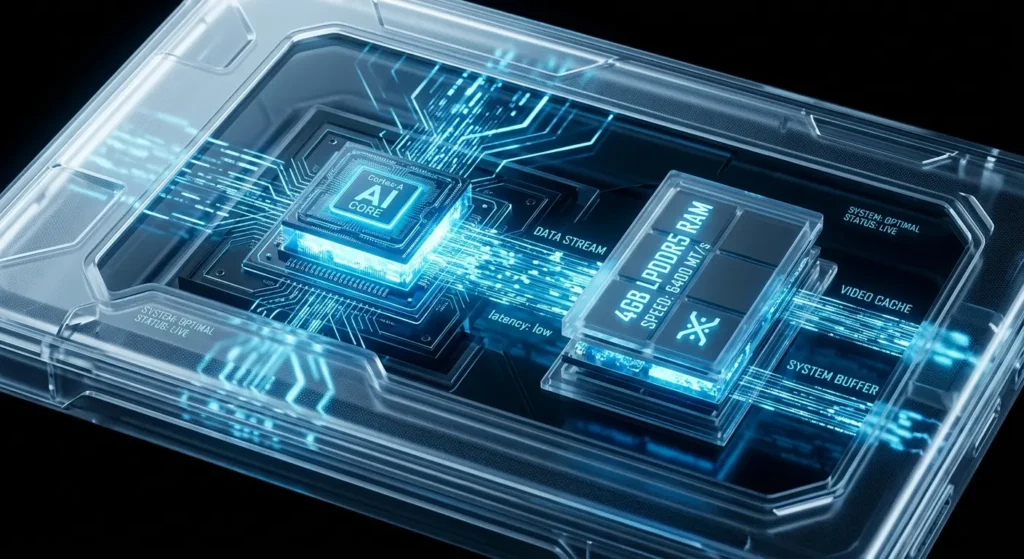 Eine konzeptionelle digitale Illustration eines leuchtenden Mikrochips und eines "4GB RAM"-Moduls im Inneren eines durchscheinenden, futuristischen Gehäuses. Das Licht ist kühl-blau.