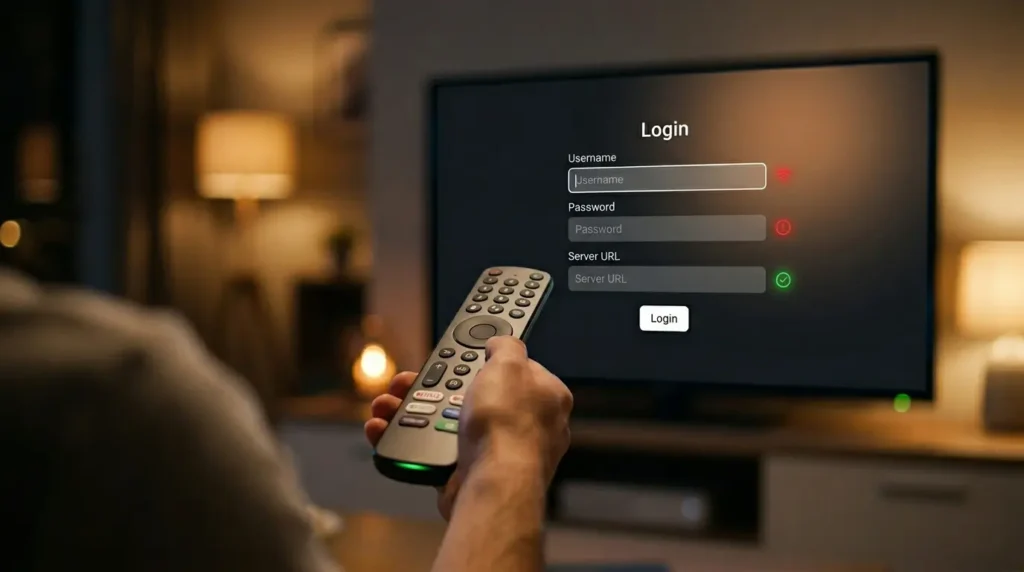 Nahaufnahme einer Hand mit Fernbedienung, die auf einen TV mit der Login-Maske für IPTV Smarters zeigt (Username, Password, URL).