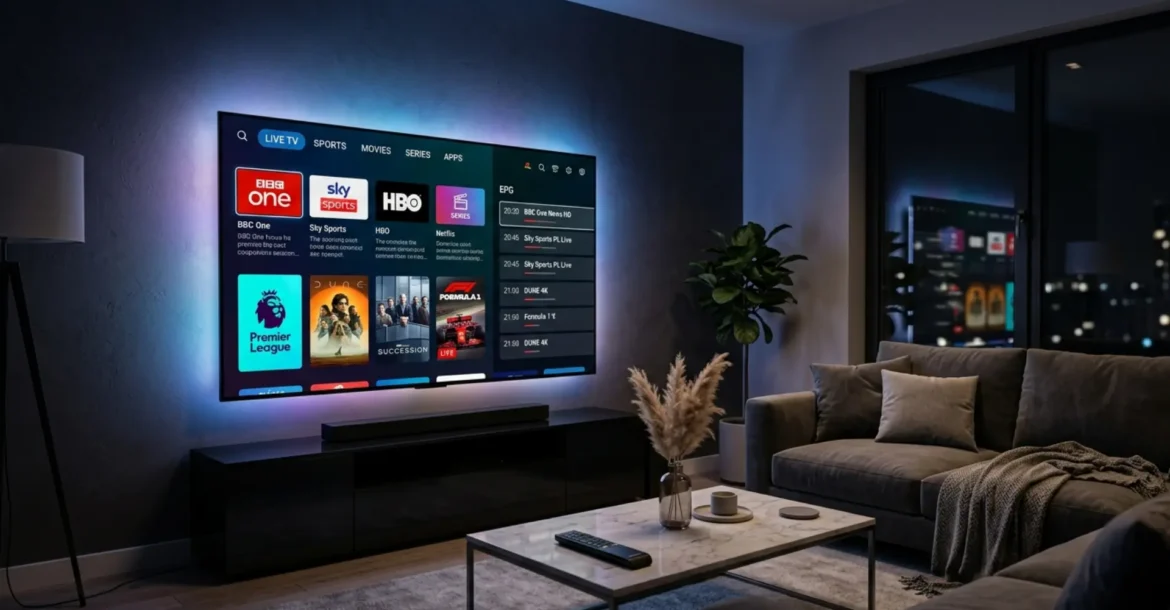 IPTV Samsung TV einrichten auf Smart TV im modernen Wohnzimmer mit 4K Streaming Oberfläche
