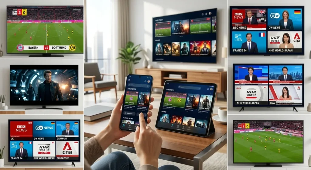 Eine Collage aus verschiedenen Bildschirmen, die Live-Fußball, Hollywood-Filme und internationale Nachrichtensender auf Tablet und Smartphone zeigen.