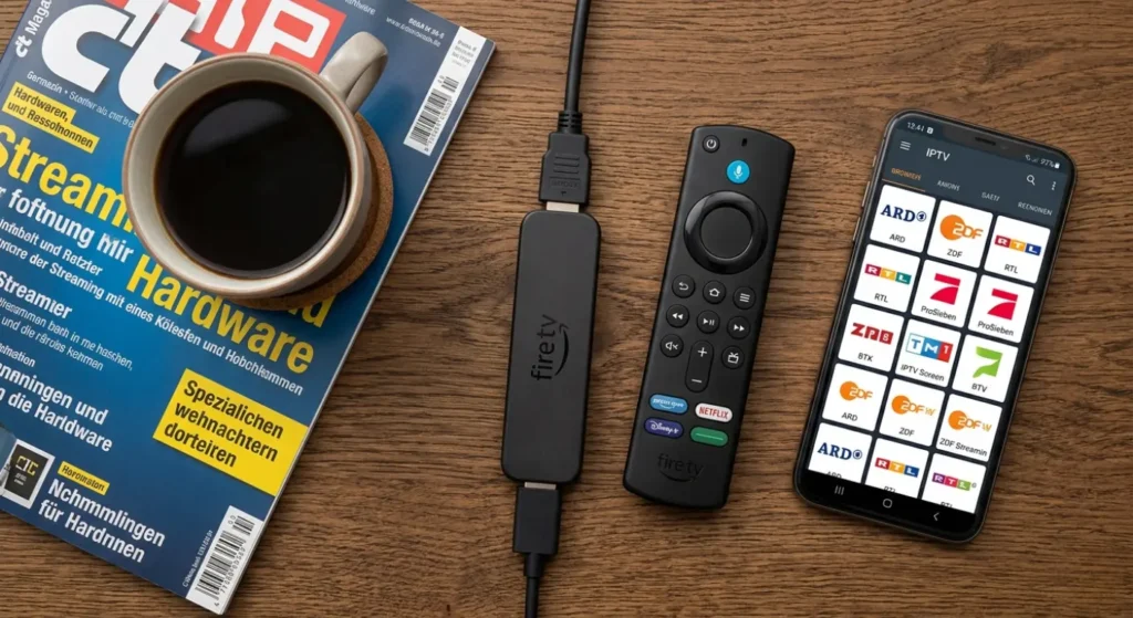 Eine Nahaufnahme von oben (Flat Lay) eines modernen Entertainment-Setups auf einem dunklen Eichenholztisch. Ein Amazon Fire TV Stick 4K Max ist mit der Fernbedienung verbunden. Daneben zeigt ein Smartphone das IPTV-App-Interface mit deutschen Senderlogos (ARD, ZDF, RTL). Eine Tasse Kaffee und ein deutsches Tech-Magazin liegen bereit.