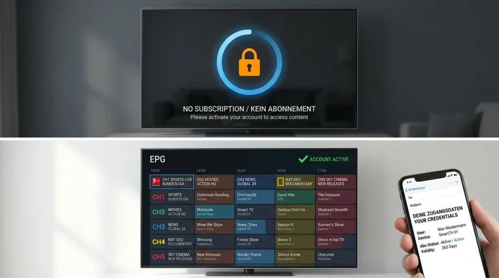Geteiltes Bild: Oben ein Smart TV mit Fehlermeldung und Vorhängeschloss; Unten derselbe TV mit aktivem EPG und grünem Haken.