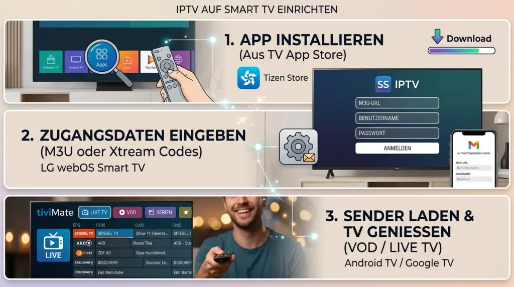 Infografik in drei Schritten zur Einrichtung von IPTV for Smart TV: App laden, M3U/Xtream Daten eingeben, Sender genießen.